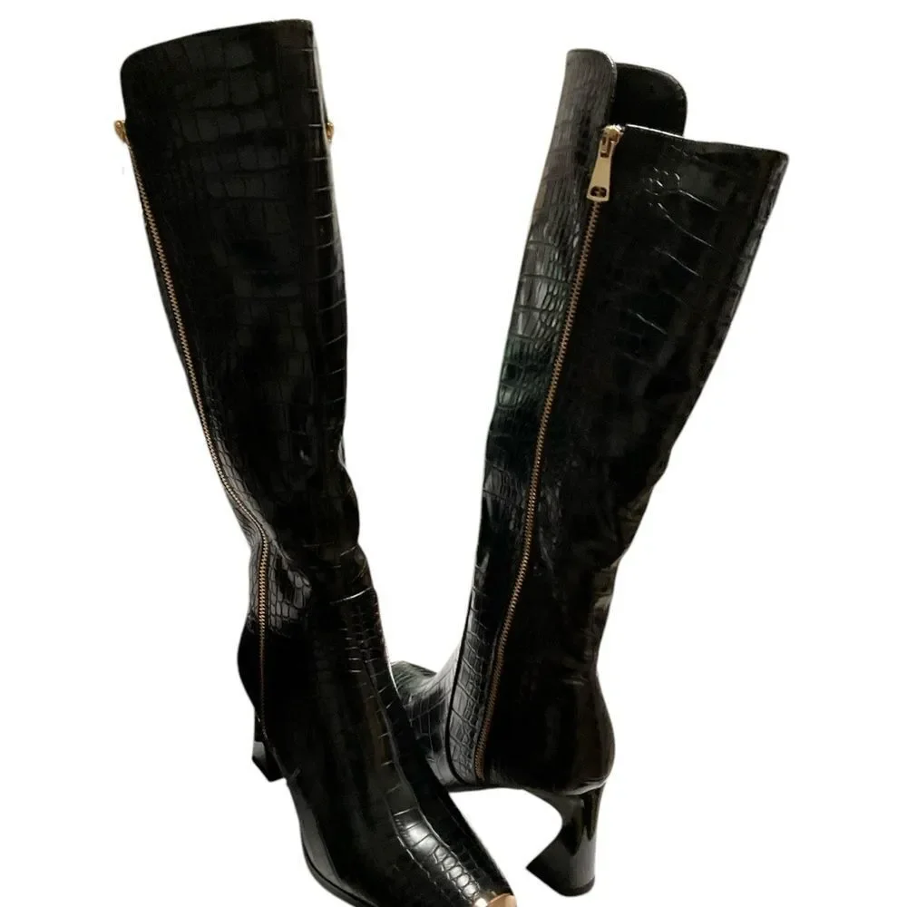 Ninety Nine Black Over the Knee Boots with Textured Finish